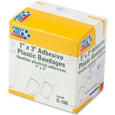 FIRST AID ONLY,. First Aid Only G-106 Plastic Adhesive Bandages, 1" x 3", 100/Box G-106